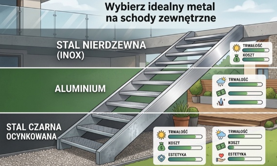 Stal nierdzewna (Inox), Aluminium czy Stal czarna ocynkowana – co wybrać na schody zewnętrzne?